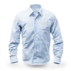A light blue checkered dress shirt displayed against a white background, showcasing its classic style and tailored fit.