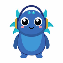 Cute little blue cartoon monster with headphones on white background