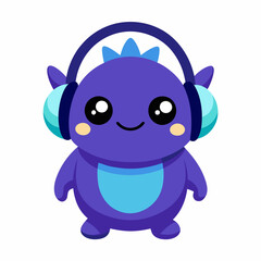 Cute little blue cartoon monster with headphones on white background