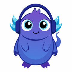 Cute little blue cartoon monster with headphones on white background