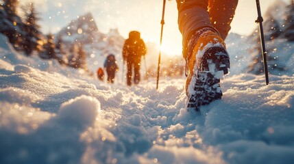 A group of climbers hikes through fluffy snow in the mountains during sunset, enjoying the beautiful winter scenery and fresh air.