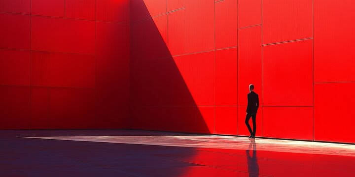 A person stands in silhouette at the base of a bold red wall, emphasizing contrast and modern architecture.