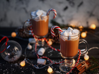 Cocoa with marshmallows and cinnamon. Decorated with a caramel cane . Hot winter drink