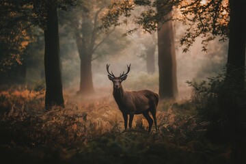 Obraz premium A majestic deer stands amidst a misty forest, capturing the essence of nature’s elegance and serenity at dawn.