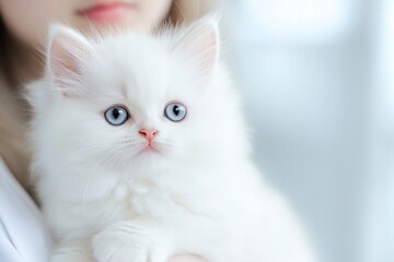 Young female vet holding a Persian kitten in soft natural light with a calm and caring expression