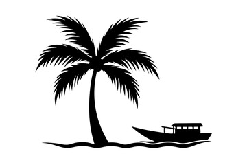 palm tree under the river with boat vector silhouette line art on white background
