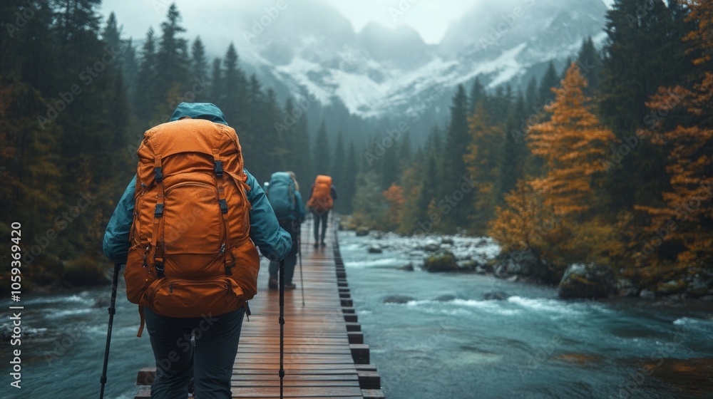 Poster a group of hikers makes their way across a wooden bridge that spans a flowing river. the landscape f