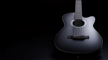Elegant Black Guitar with Reflective Surfaces on Dark Background