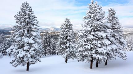 Fototapeta premium Snow covered pine trees glowing under winter sun create serene landscape