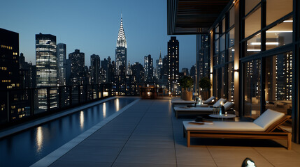 Obraz premium Nighttime Party at a Rooftop Bar Overlooking New York City