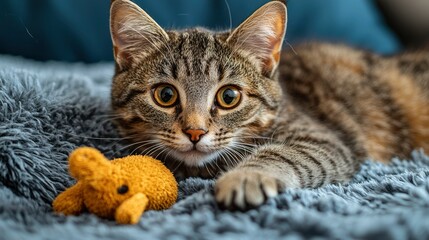 Tabby Cat with Yellow Toy on a Fuzzy Blanket