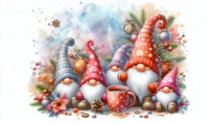  Watercolor Christmas Gnomes and Trees Holiday Illustration