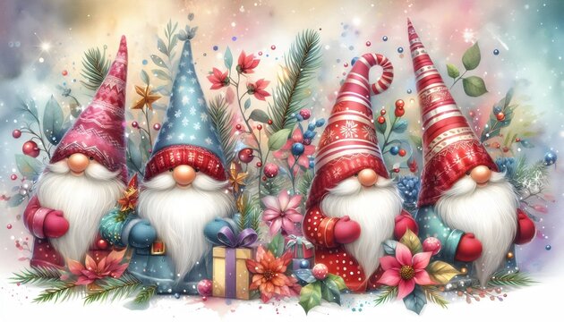  Watercolor Christmas Gnomes and Trees Holiday Illustration