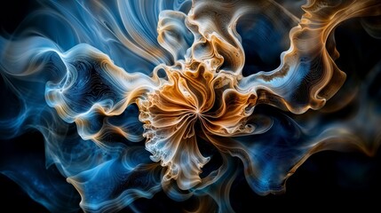 Fluid Abstract Waves with Blue and Orange Flowing Patterns in Ethereal Smoke-like Composition