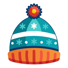 A colorful winter hat illustration with pompom detail, showcasing a warm seasonal accessory in blue and red, suitable for cold weather themes and holiday designs.