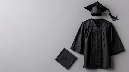 Elegant Black Graduation Gown and Cap on Gray Background