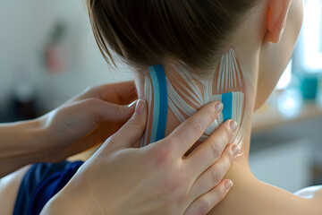 Detailed Step-by-Step Illustration of Correct Kinesiology (KT) Tape Application on Human Neck