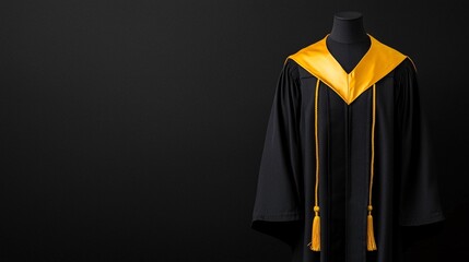 Graduation Elegance: Black Gown with Golden Tassel on Mannequin in Natural Light