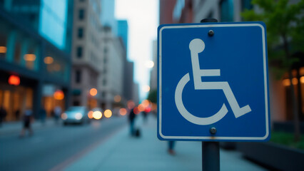 Accessible parking sign in a street during twilight hours, International Day of Disabilities