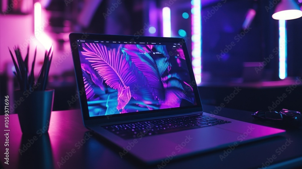 Poster a laptop with a colorful leaf design on the screen sits on a table with neon lights in the backgroun