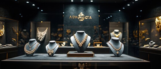 A jewelry store display showcasing several gold necklaces on mannequins.