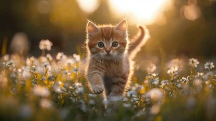 A ginger kitten walks through a field of white wildflowers in the golden hour