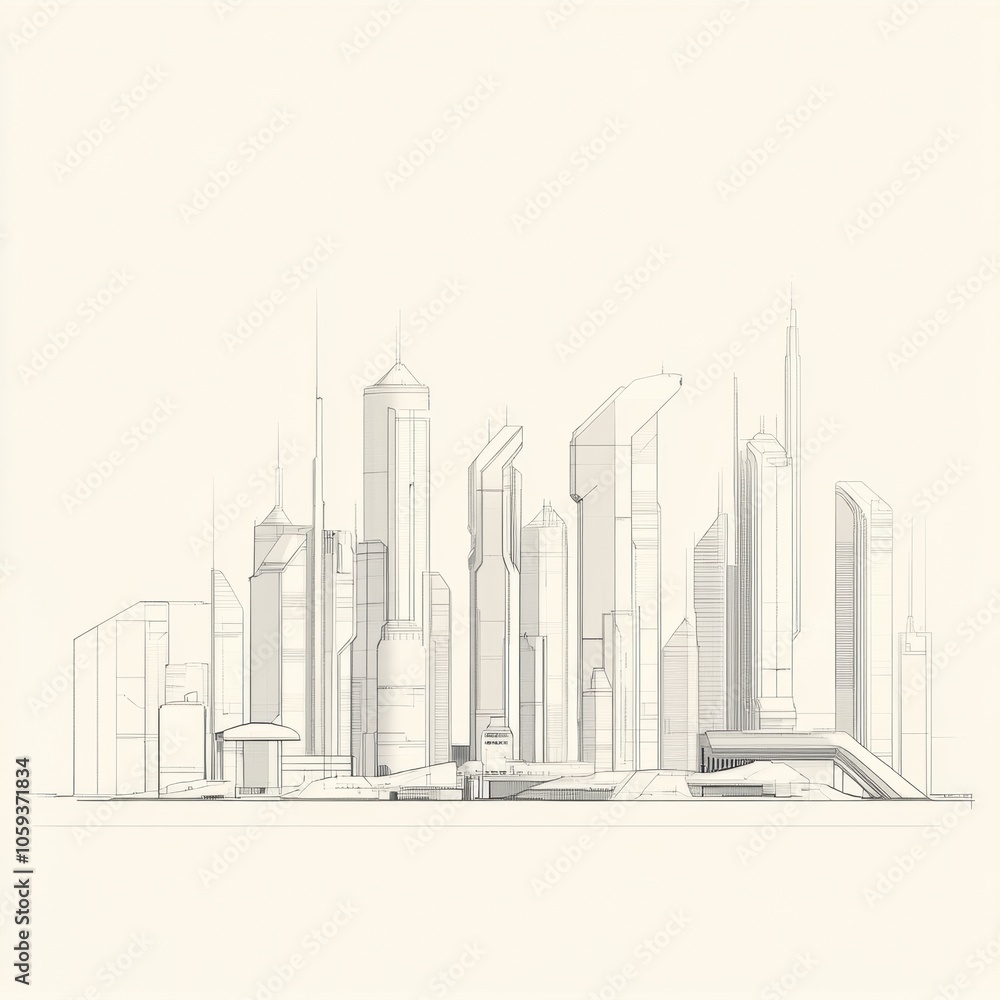 Poster a minimalist drawing showcases a futuristic city skyline, highlighted by sleek geometric shapes and 