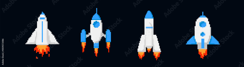 Poster pixel spaceships and rockets set. taking off 8bit vehicles for exploring star space and galactic gam