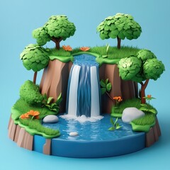 Enchanted Forest Waterfall Landscape - 3D Illustration
