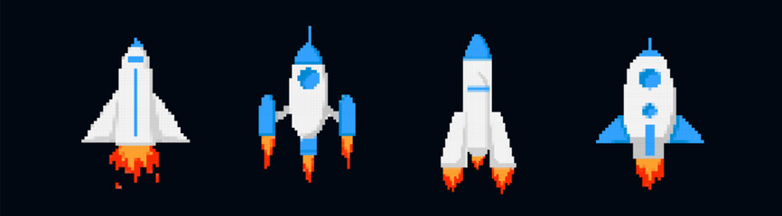 Pixel spaceships and rockets set. Taking off 8bit vehicles for exploring star space and galactic game vector travel