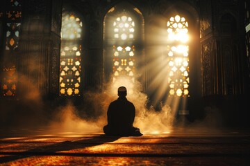 Muslim man praying for fasting and Eid in mosque silhouette.