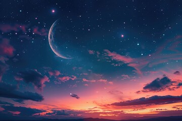 Naklejka premium Sky night stars and moon islamic night sunset wallpaper