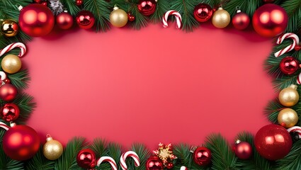 Christmas ornament arrangement featuring red and gold baubles, candy canes, and fir branches on a red background
