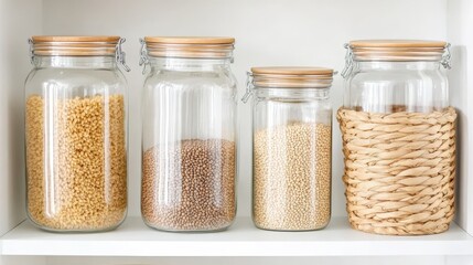 Various dried foods like grains, pasta, and lentils neatly organized in glass jars on a white background. Concept: zero waste, pantry organization.