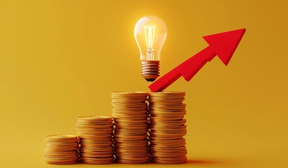 Bright Idea for Growth, 3D Rendering, Yellow Background, Coins, Red Arrow, Business, Growth