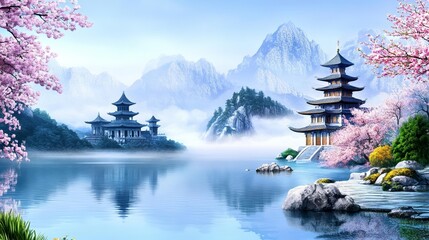 Fototapeta premium Watercolor-inspired Chinese landscape with misty mountains, a calm lake, ancient pagodas, and blossoming trees, serene and ethereal atmosphere