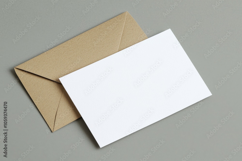 Wall mural white card mockup with brown envelope on grey background, card, envelope, mockup, grey