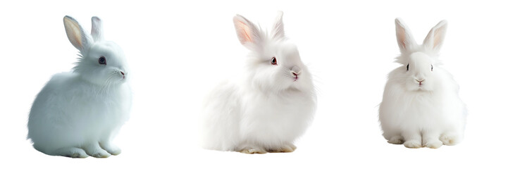 Obraz premium Set of rabbit with fluffy fur, sitting calmly isolated on transparent background (3)