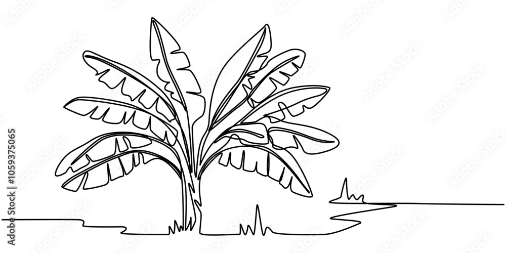 Poster bird of paradise banana leaf continuous line drawing, banana leaves with banana tree continuous line