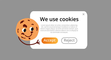 Naklejka premium We use cookie homepage. Landingpage cookies with chocolate drops snack baked goods in brown and light color with sweet vanilla flavor and appetizing vector design