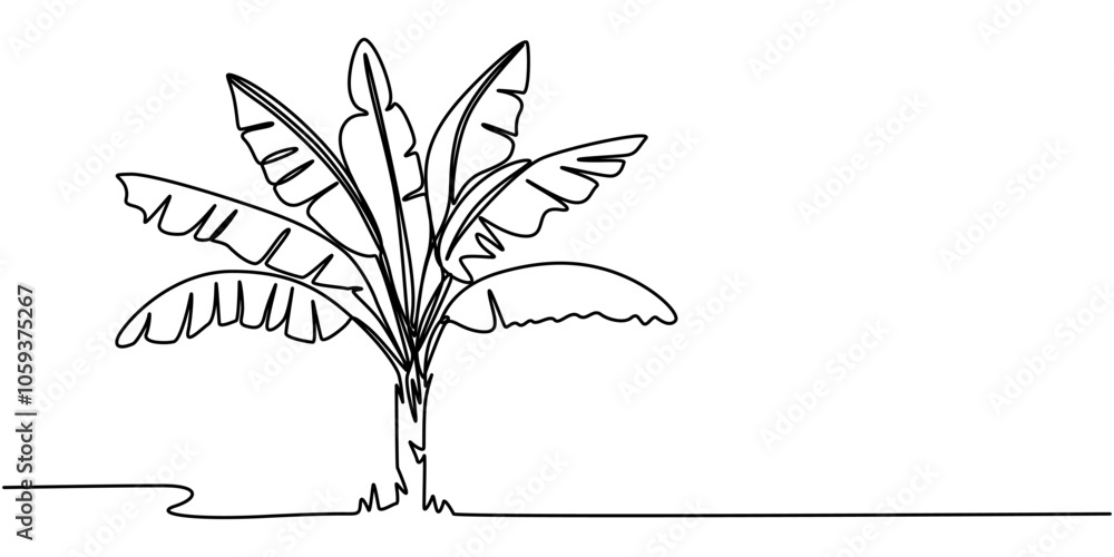 Poster bird of paradise banana leaf continuous line drawing, banana leaves with banana tree continuous line