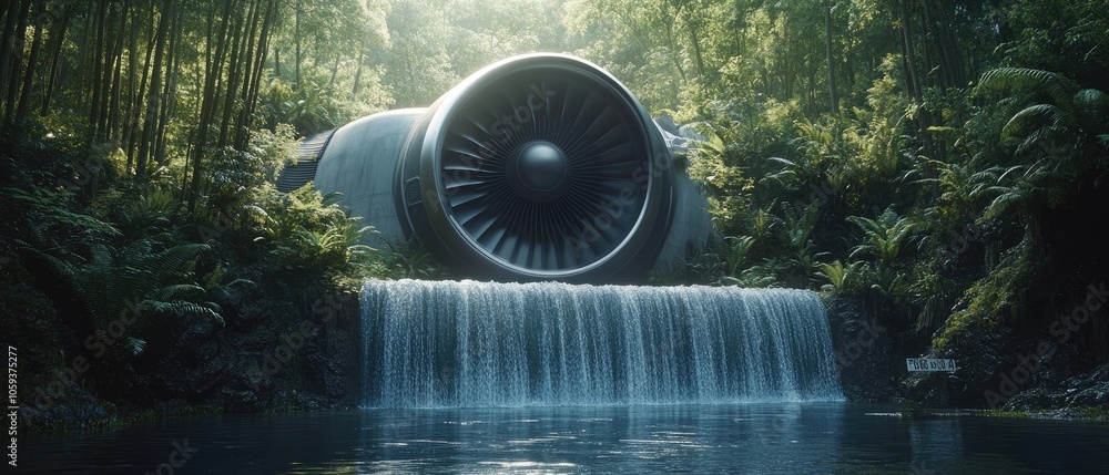 Poster a large jet engine is partially submerged in a jungle, with a waterfall cascading down in front of i