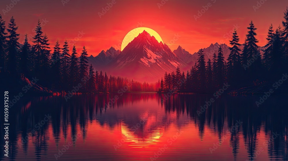 Poster a large mountain peak with a red sunset behind it, reflected in the lake in front of a forest.