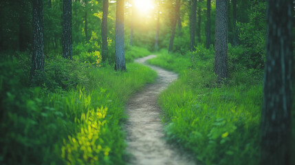 Fototapeta premium Forest Path at Sunset: A winding dirt path through a lush green forest bathed in the golden light of the setting sun. Serene and inviting, perfect for nature lovers and wanderers. 