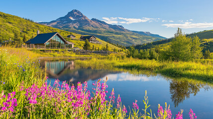 Mountain Retreat Serenity: A tranquil landscape unfolds with a picturesque pond reflecting the majestic mountain peak, surrounded by lush greenery and vibrant wildflowers.