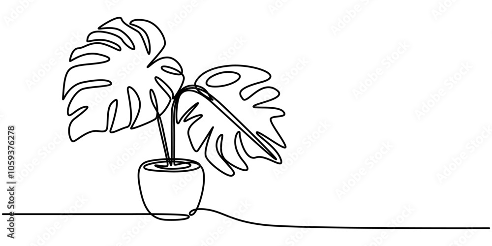 Poster continuous line drawing of a monstera isolated on white background, leaf monstera continuous one lin