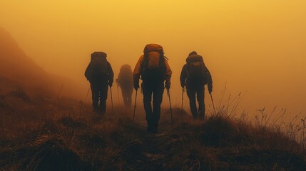 A group of five hikers moves cautiously along a narrow path, surrounded by dense fog on a cool morning. Their backpacks and trekking poles suggest a challenging trek ahead.