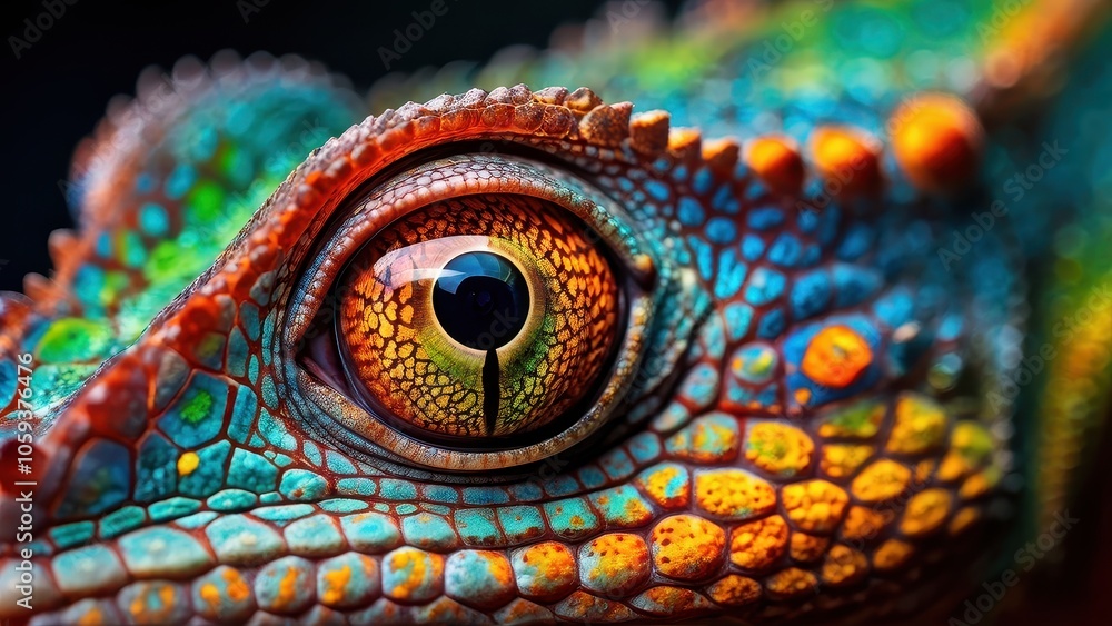 Poster close-up of a vibrant lizard eye showcasing intricate patterns and colors.