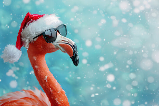 Pink flamingo in Santa hat on background.