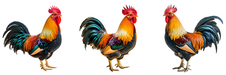 Fototapeta premium Set of rooster with colorful plumage isolated on transparent background (3)
